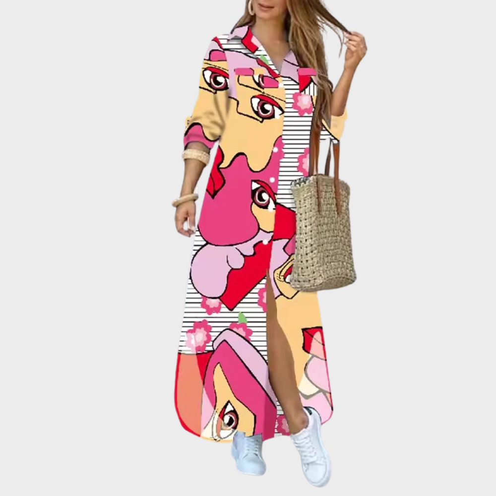 Długa Sukienka Koszulowa z Wzorem