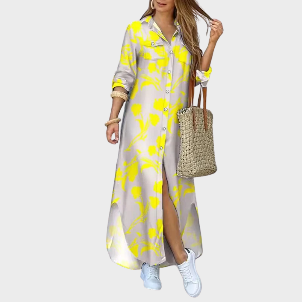 Długa Sukienka Koszulowa z Wzorem