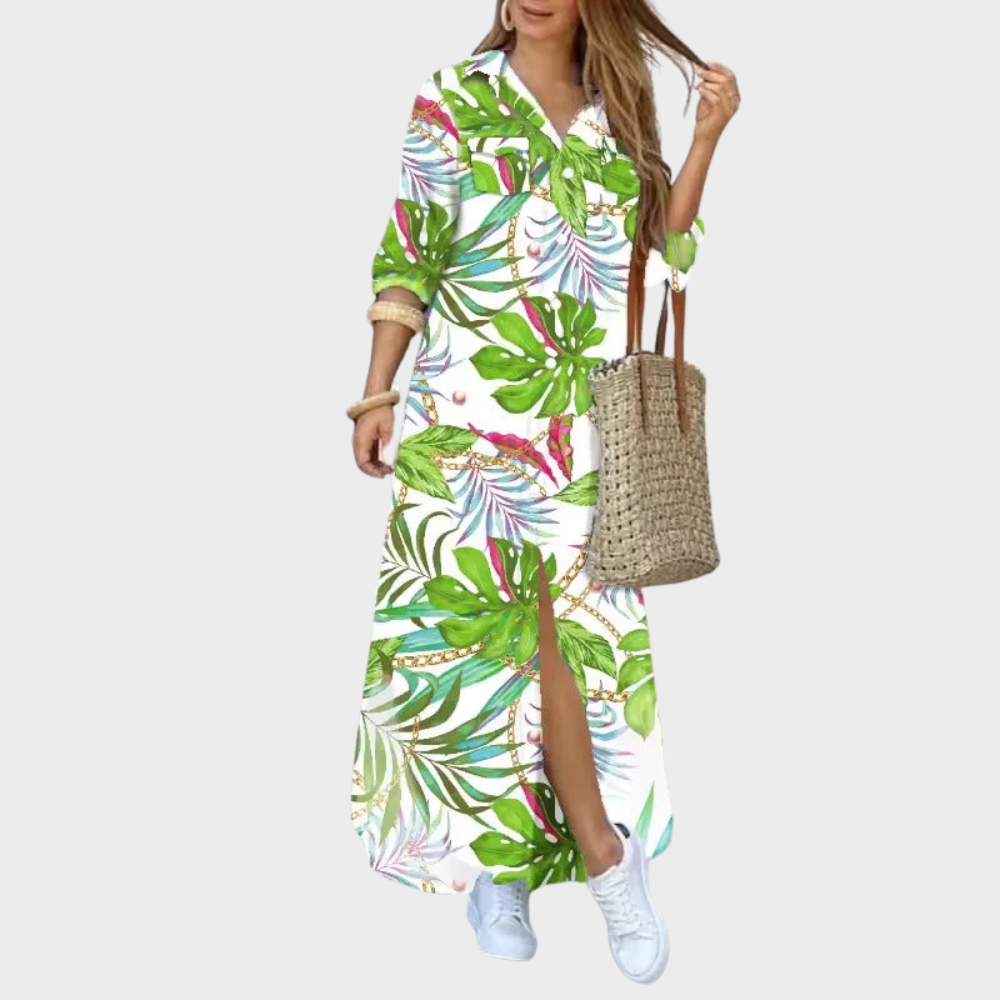 Długa Sukienka Koszulowa z Wzorem