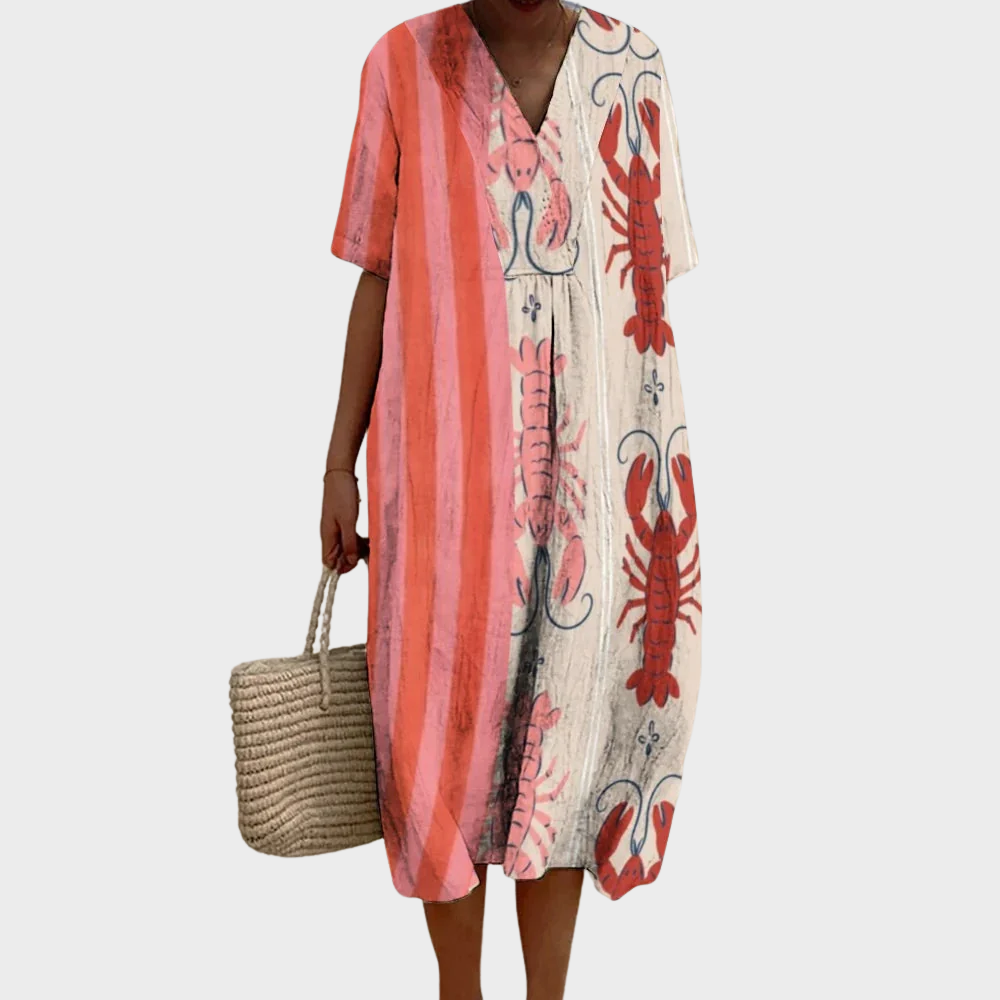 Długa Sukienka z Wzorem Lnianym