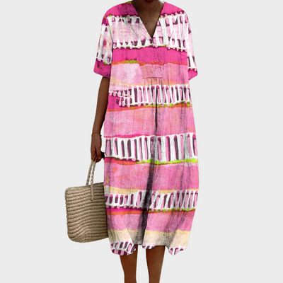 Różowa Luźna Sukienka Lniana