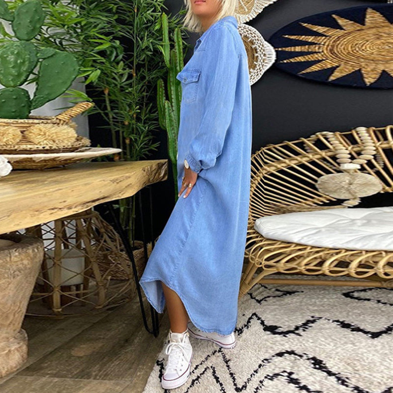 Aberley™ - Długa Sukienka Dżinsowa z Długim Rękawem