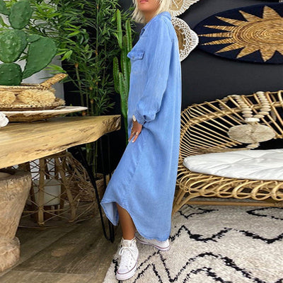 Aberley™ - Długa Sukienka Dżinsowa z Długim Rękawem